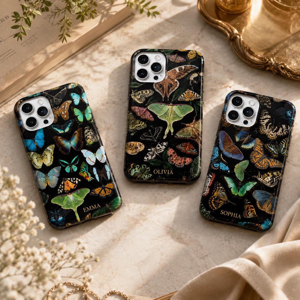 Dark Botanical Butterfly iPhone Case, Colorful Moth Nature Phone Cover