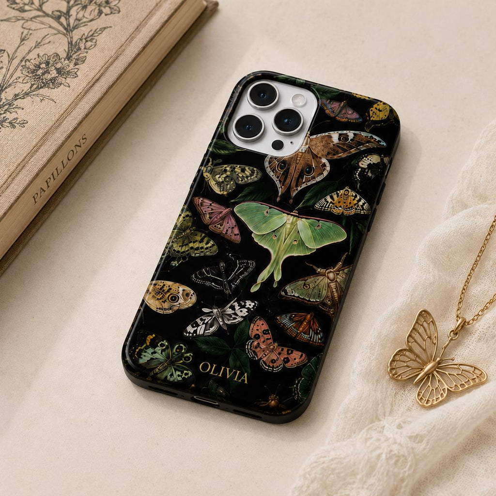 Dark Botanical Butterfly iPhone Case, Colorful Moth Nature Phone Cover