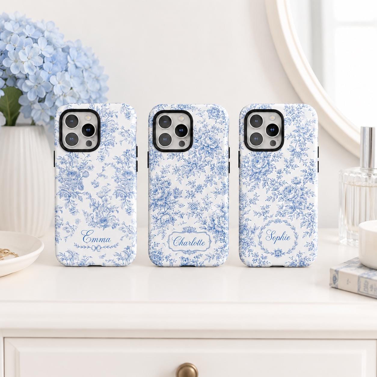 Blue Toile Floral iPhone Case, Personalized Cottagecore Name Case