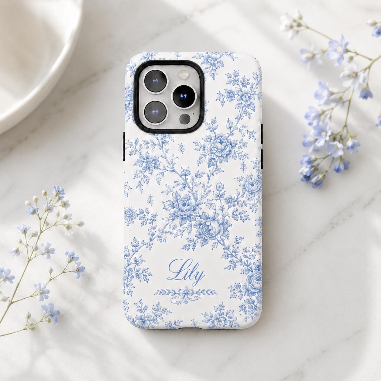 Blue Toile Floral iPhone Case, Personalized Cottagecore Name Case