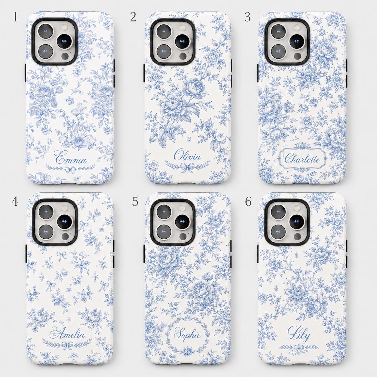 Blue Toile Floral iPhone Case, Personalized Cottagecore Name Case