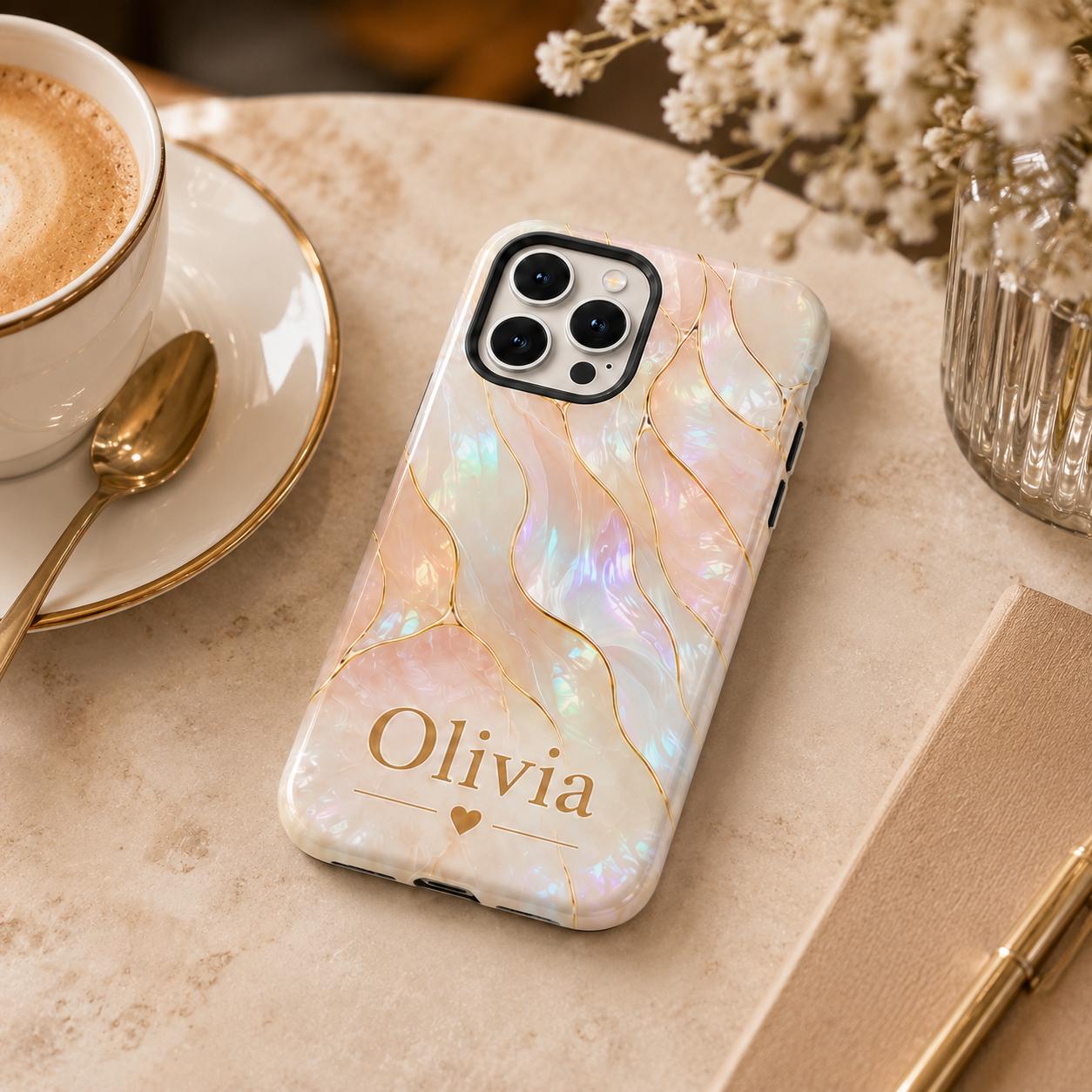 Custom Pearl iPhone Case, Pink Marble Gold Kintsugi Name Personalized