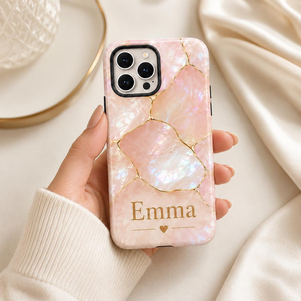 Custom Pearl iPhone Case, Pink Marble Gold Kintsugi Name Personalized