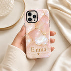 Custom Pearl iPhone Case, Pink Marble Gold Kintsugi Name Personalized