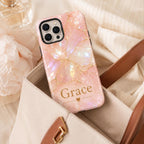 Custom Pearl iPhone Case, Pink Marble Gold Kintsugi Name Personalized