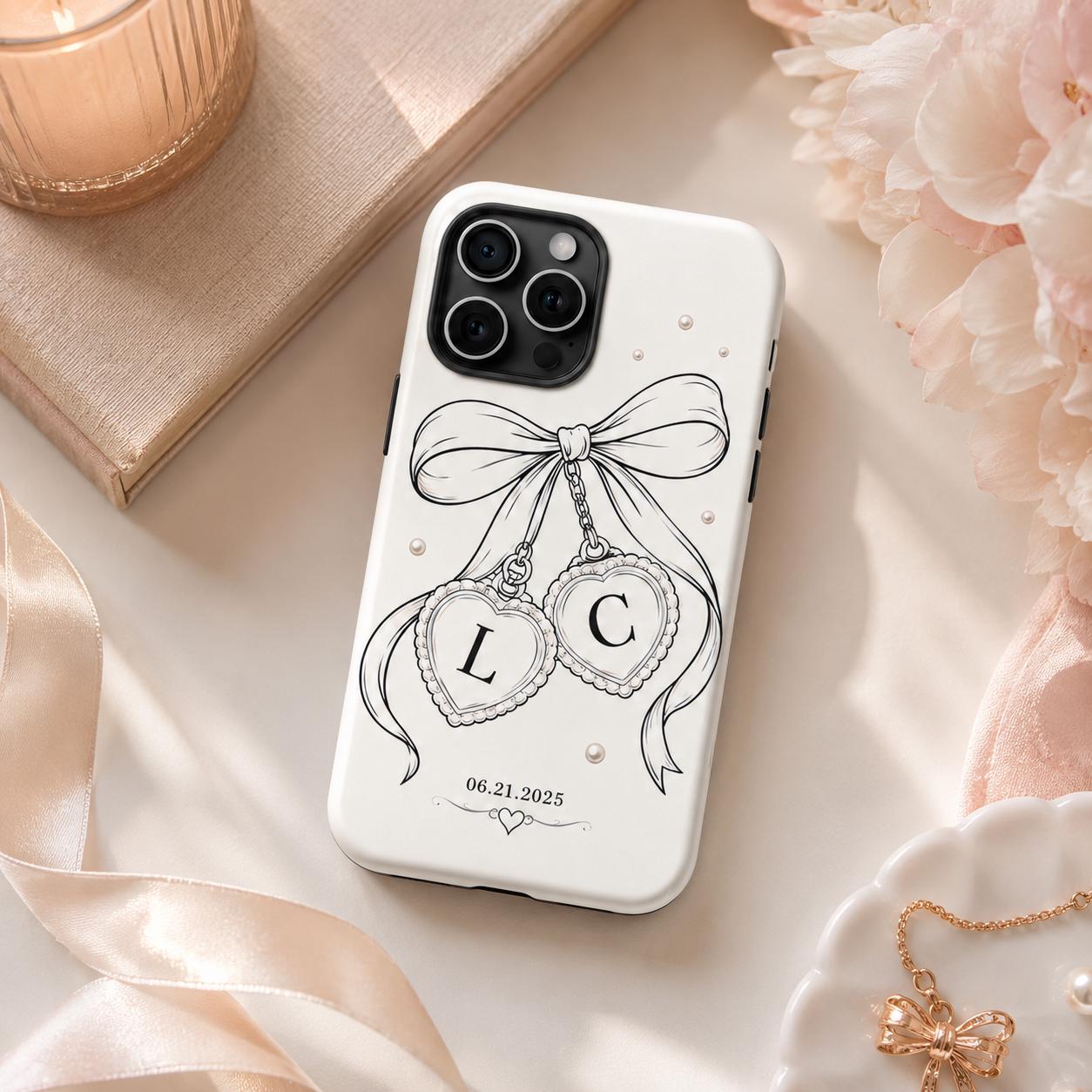 Custom Bow Heart Phone Case, Personalized Initials Date iPhone Case, Coquette Couple Gift