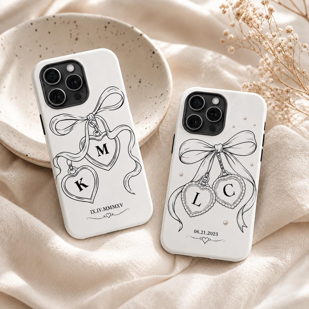 Custom Bow Heart Phone Case, Personalized Initials Date iPhone Case, Coquette Couple Gift