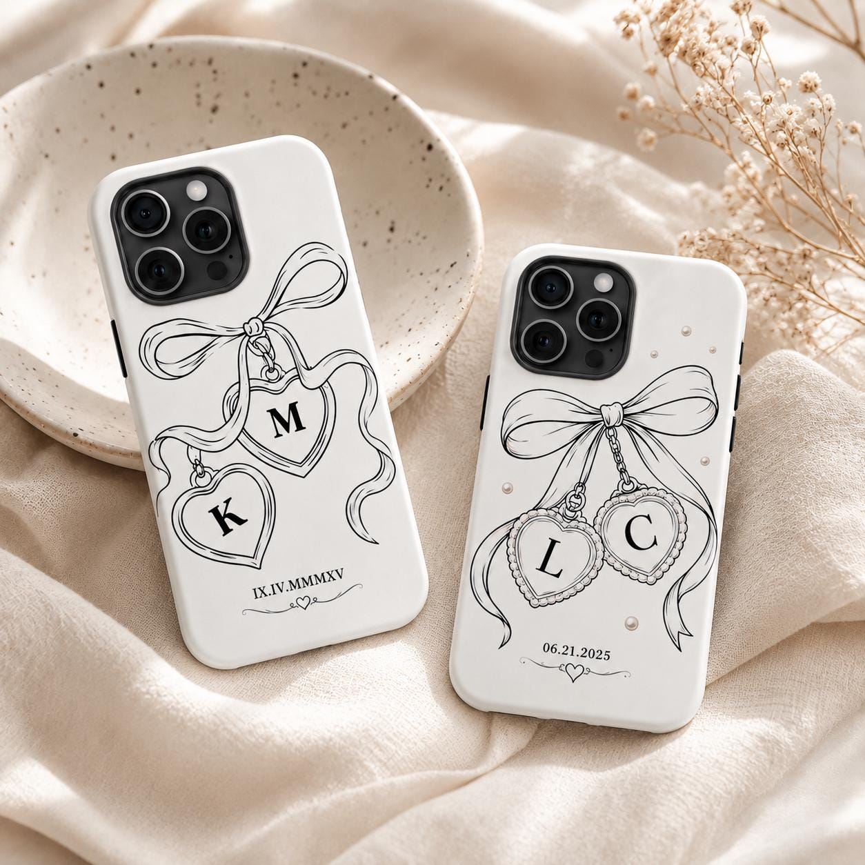 Custom Bow Heart Phone Case, Personalized Initials Date iPhone Case, Coquette Couple Gift