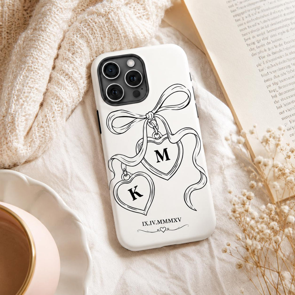 Custom Bow Heart Phone Case, Personalized Initials Date iPhone Case, Coquette Couple Gift