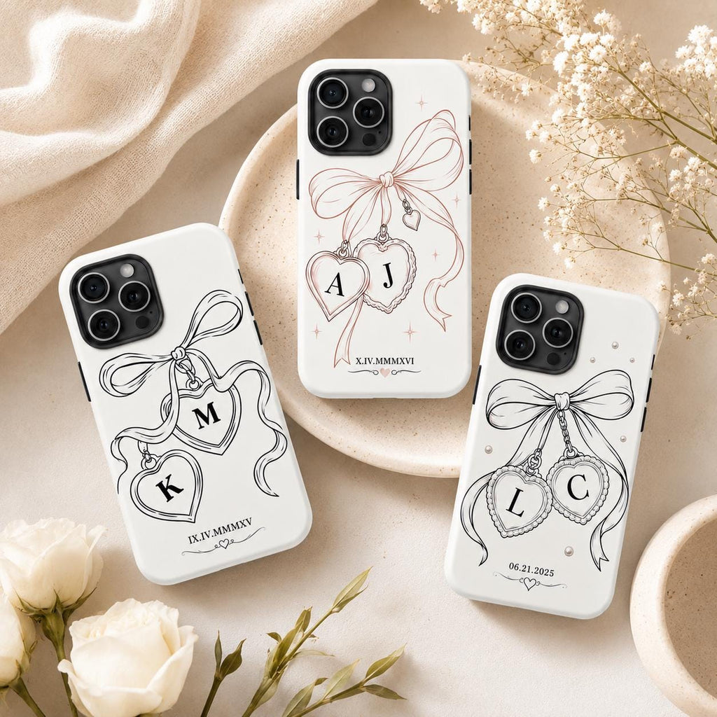 Custom Bow Heart Phone Case, Personalized Initials Date iPhone Case, Coquette Couple Gift