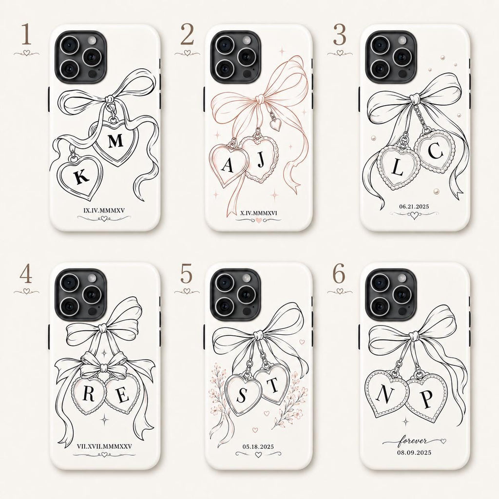 Custom Bow Heart Phone Case, Personalized Initials Date iPhone Case, Coquette Couple Gift