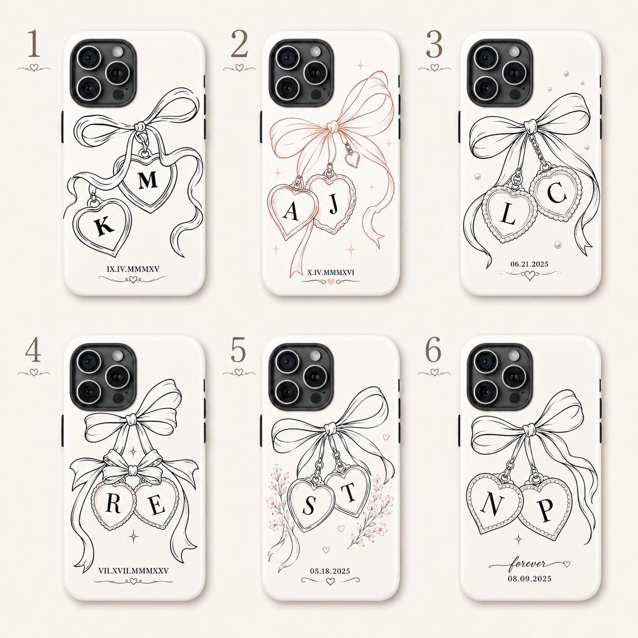 Custom Bow Heart Phone Case, Personalized Initials Date iPhone Case, Coquette Couple Gift
