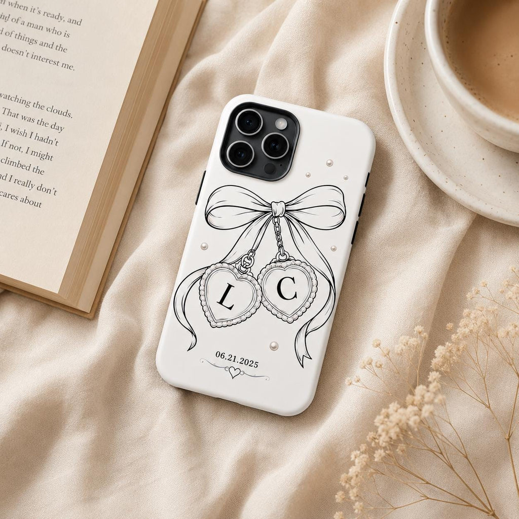 Custom Bow Heart Phone Case, Personalized Initials Date iPhone Case, Coquette Couple Gift