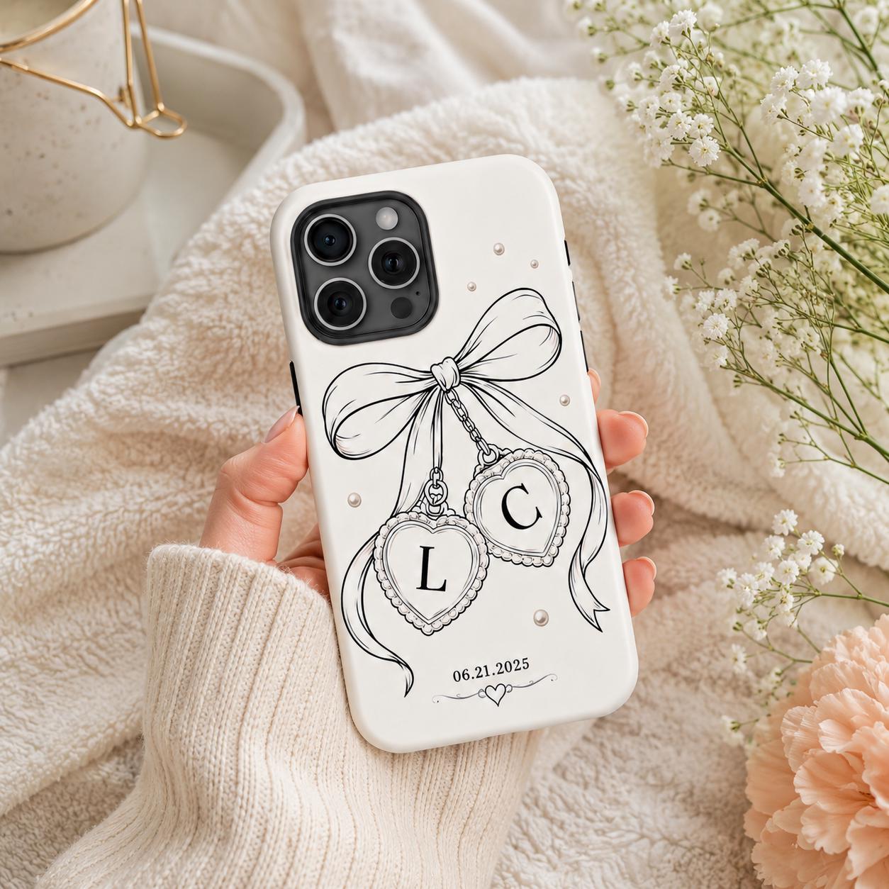 Custom Bow Heart Phone Case, Personalized Initials Date iPhone Case, Coquette Couple Gift
