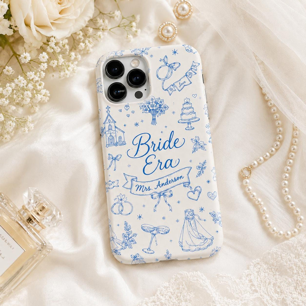 Bride Era Custom Name iPhone Case, Blue Wedding Doodle Bridal Gift