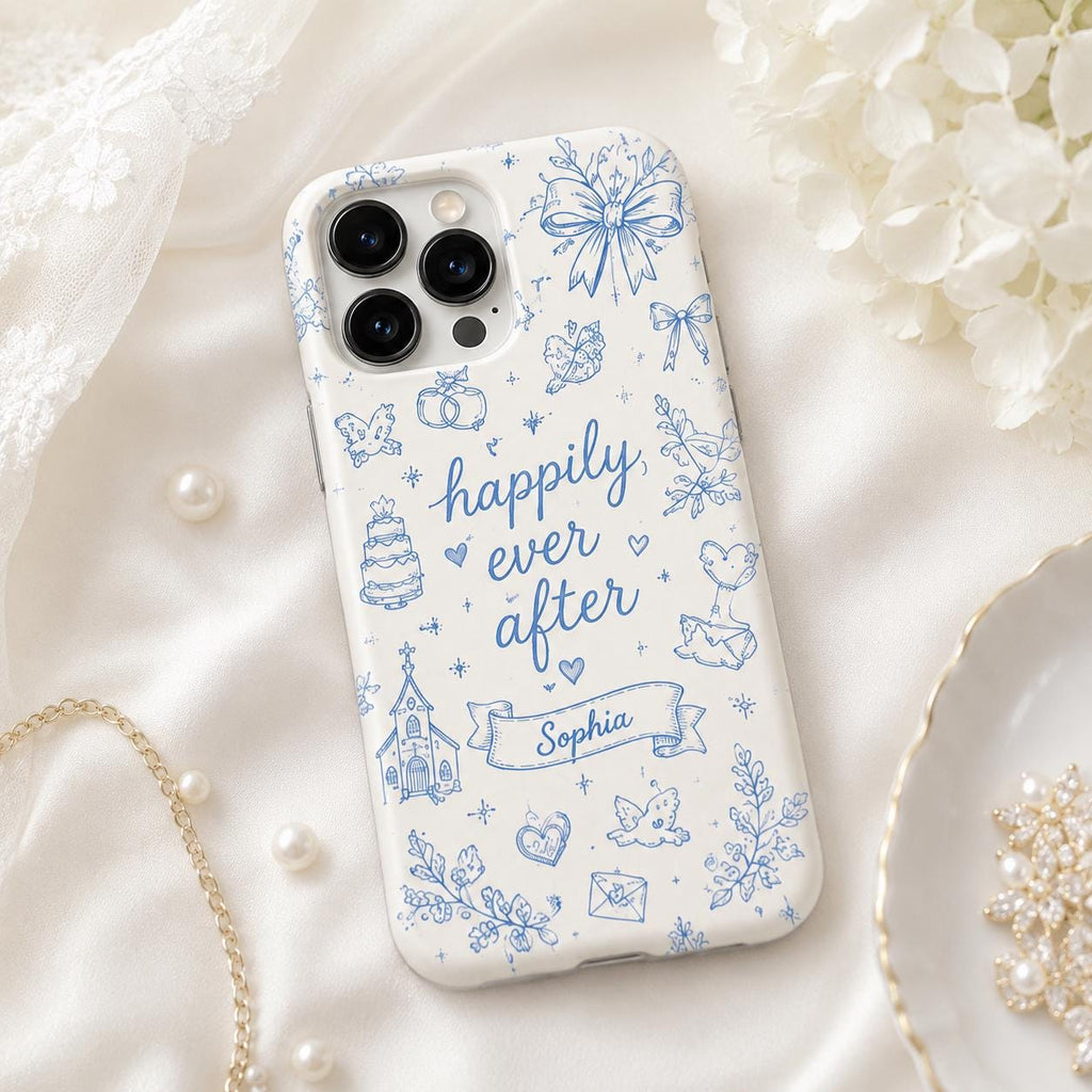 Bride Era Custom Name iPhone Case, Blue Wedding Doodle Bridal Gift