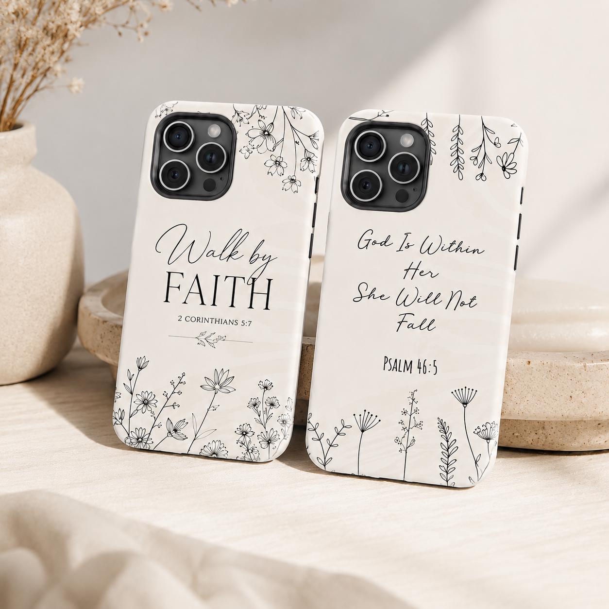 Christian Floral Phone Case, Walk By Faith Bible Verse iPhone Case