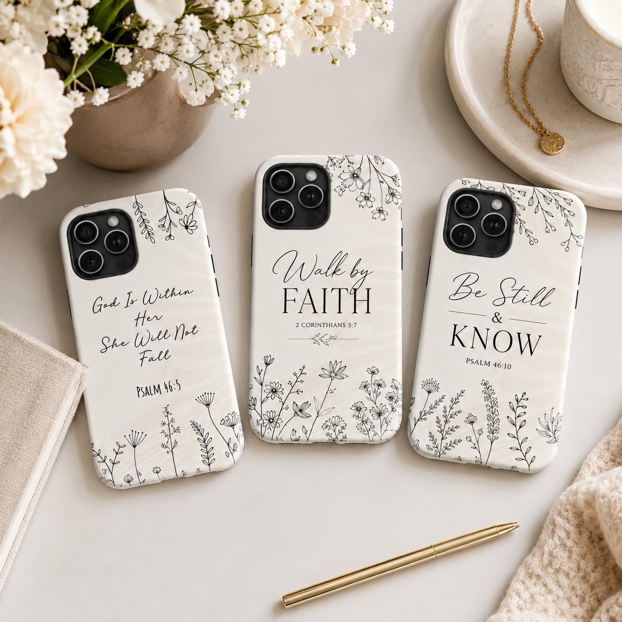 Christian Floral Phone Case, Walk By Faith Bible Verse iPhone Case