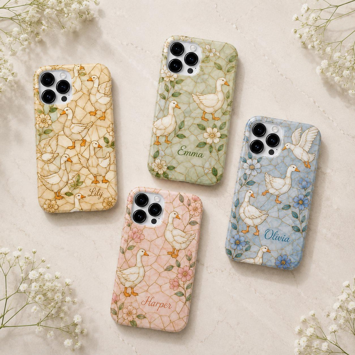 Custom Goose Phone Case, Personalized Duck iPhone Case, Cottagecore Gold Floral Name Case Gift