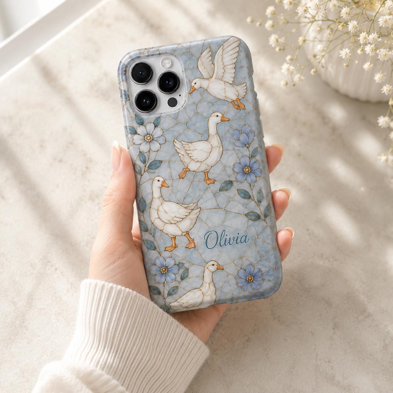Custom Goose Phone Case, Personalized Duck iPhone Case, Cottagecore Gold Floral Name Case Gift