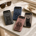Custom Pet Portrait Phone Case, Personalized Dog Cat Name Case, Engraved Leather Style Phone Cover Gift