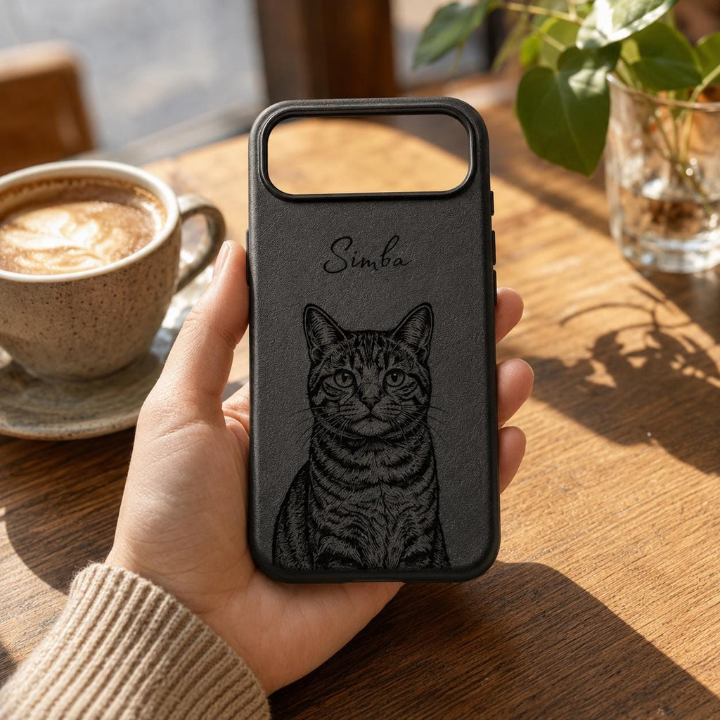 Custom Pet Portrait Phone Case, Personalized Dog Cat Name Case, Engraved Leather Style Phone Cover Gift