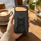 Custom Pet Portrait Phone Case, Personalized Dog Cat Name Case, Engraved Leather Style Phone Cover Gift