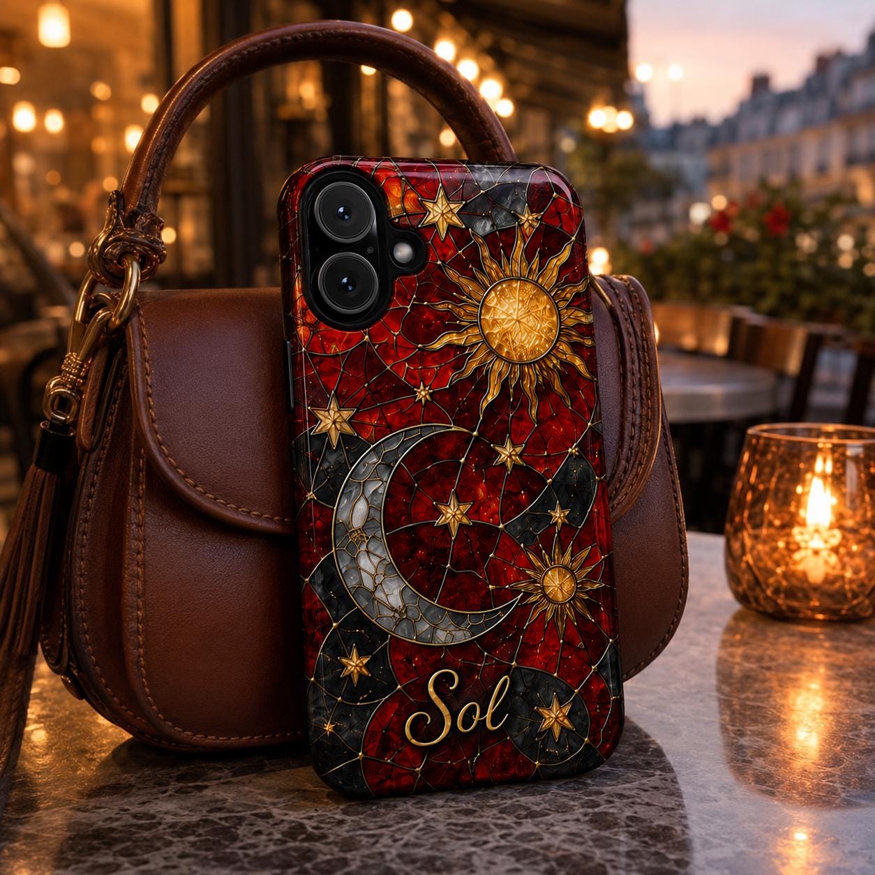 2D Custom Celestial Phone Case, Personalized Sun Moon Stained Glass Case, Gothic Astrology Phone Cover Gift For Her