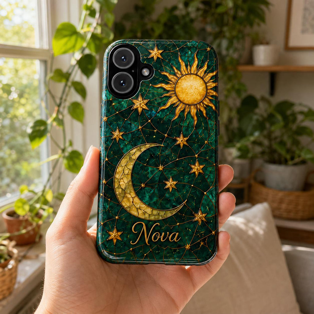 2D Custom Celestial Phone Case, Personalized Sun Moon Stained Glass Case, Gothic Astrology Phone Cover Gift For Her
