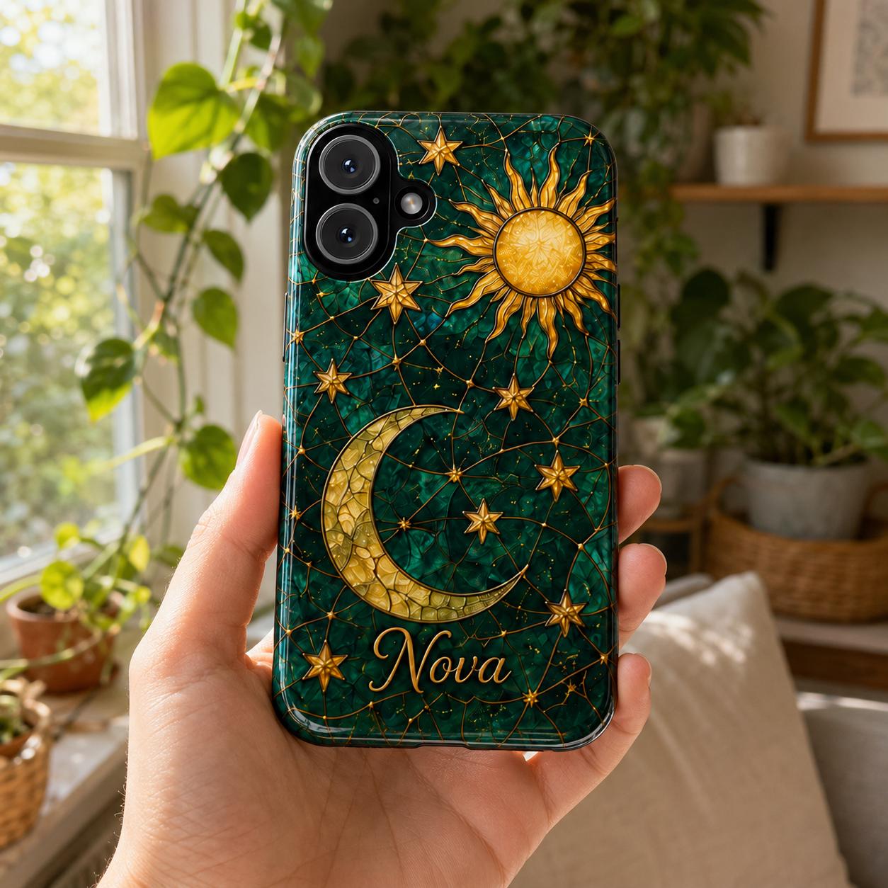 2D Custom Celestial Phone Case, Personalized Sun Moon Stained Glass Case, Gothic Astrology Phone Cover Gift For Her