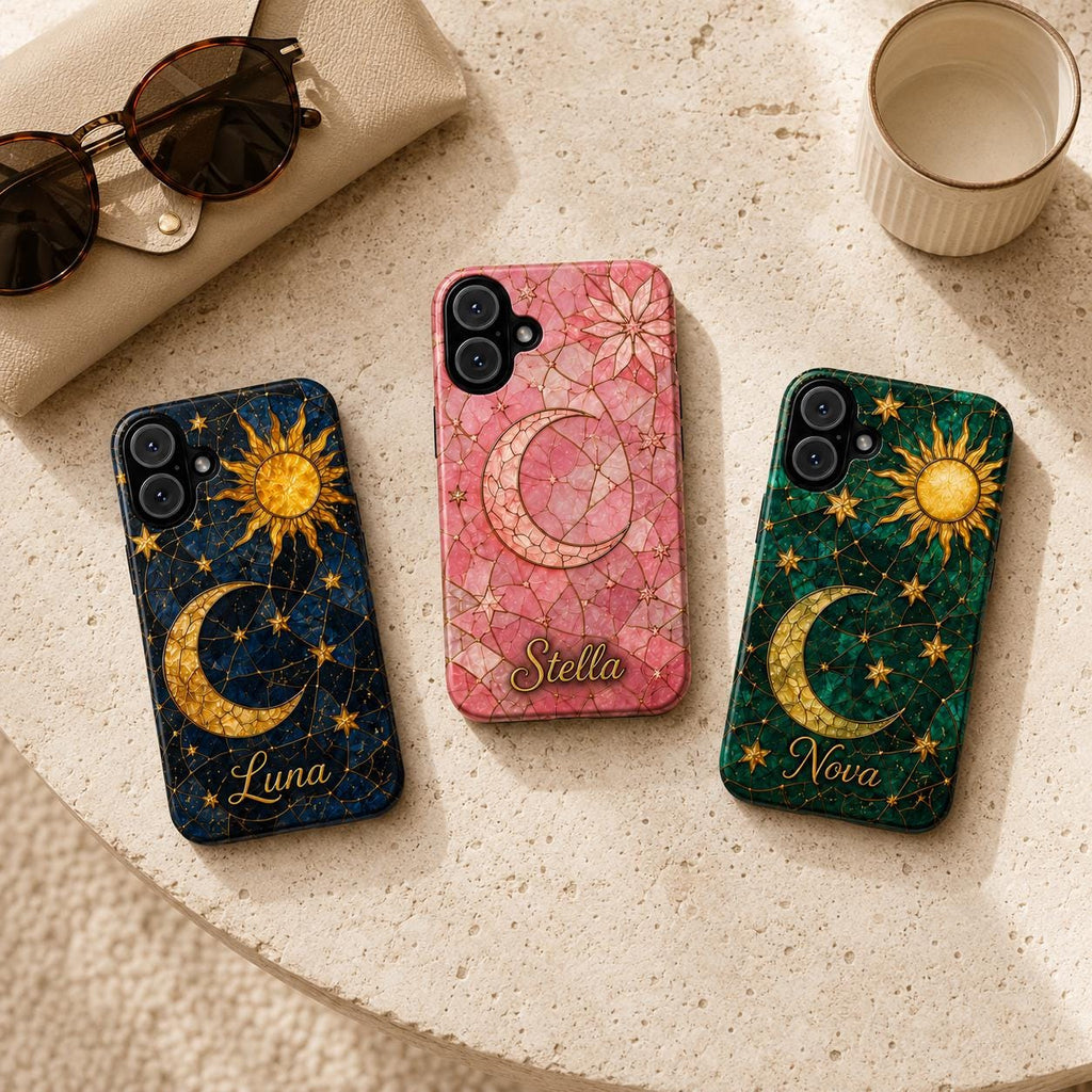 2D Custom Celestial Phone Case, Personalized Sun Moon Stained Glass Case, Gothic Astrology Phone Cover Gift For Her