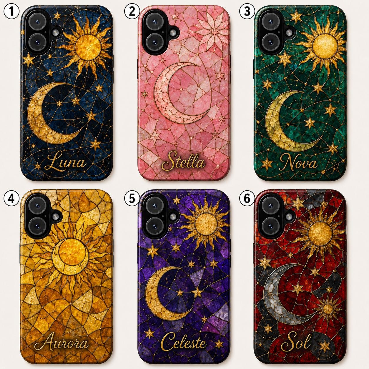 2D Custom Celestial Phone Case, Personalized Sun Moon Stained Glass Case, Gothic Astrology Phone Cover Gift For Her