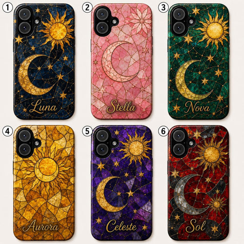 2D Custom Celestial Phone Case, Personalized Sun Moon Stained Glass Case, Gothic Astrology Phone Cover Gift For Her