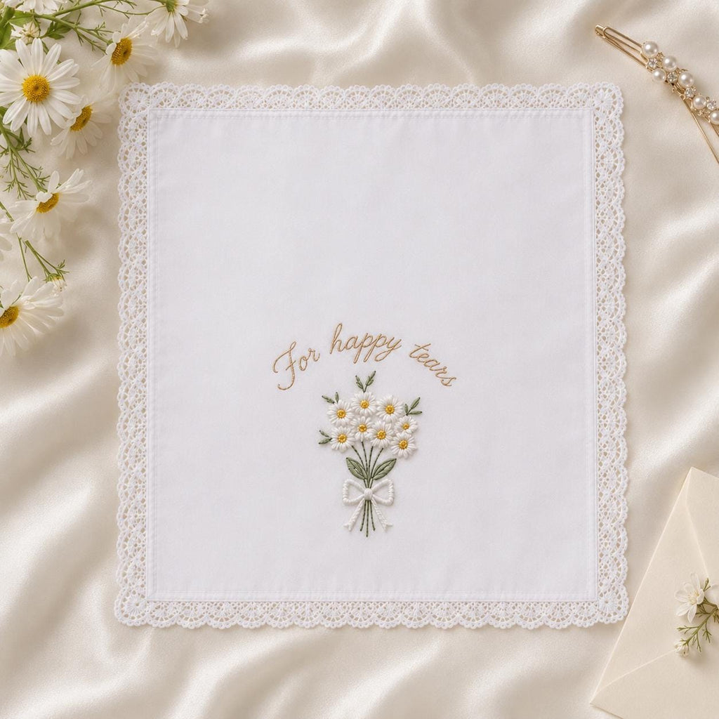 Custom Embroidered Handkerchief, Personalized Wedding Hanky, Happy Tears Floral Bouquet Keepsake Gift