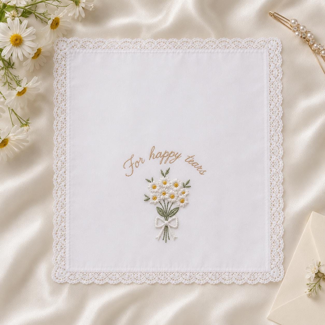 Custom Embroidered Handkerchief, Personalized Wedding Hanky, Happy Tears Floral Bouquet Keepsake Gift