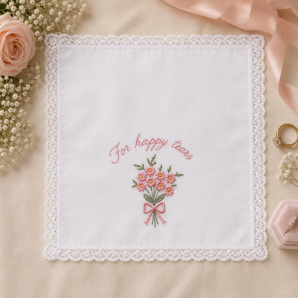 Custom Embroidered Handkerchief, Personalized Wedding Hanky, Happy Tears Floral Bouquet Keepsake Gift