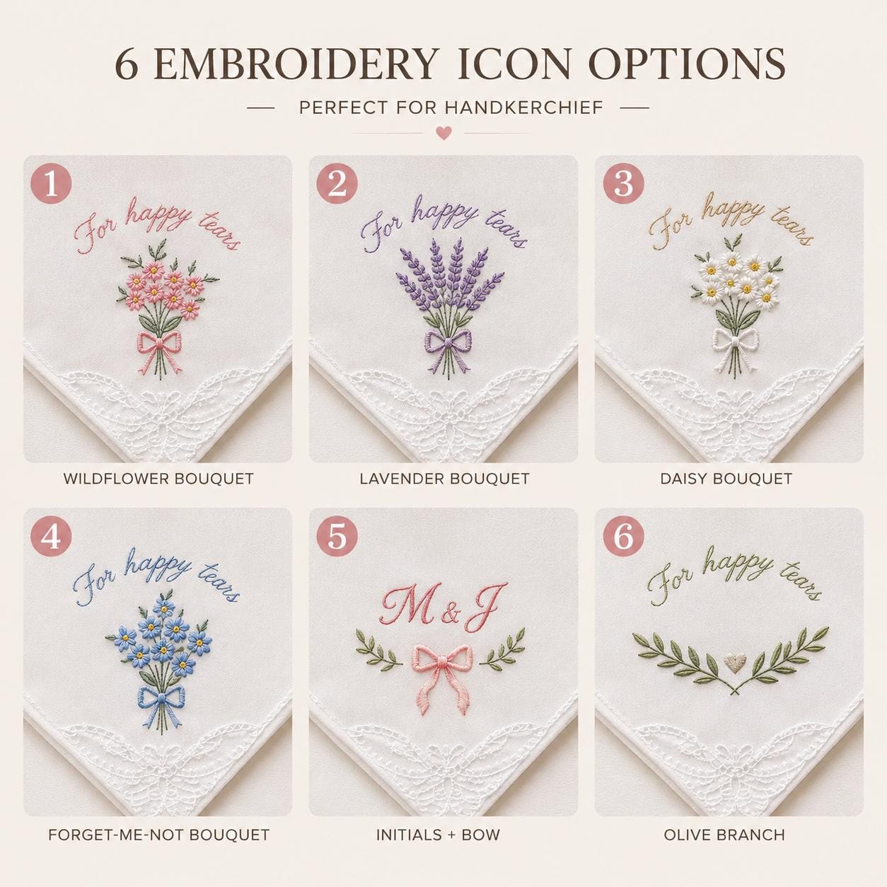 Custom Embroidered Handkerchief, Personalized Wedding Hanky, Happy Tears Floral Bouquet Keepsake Gift