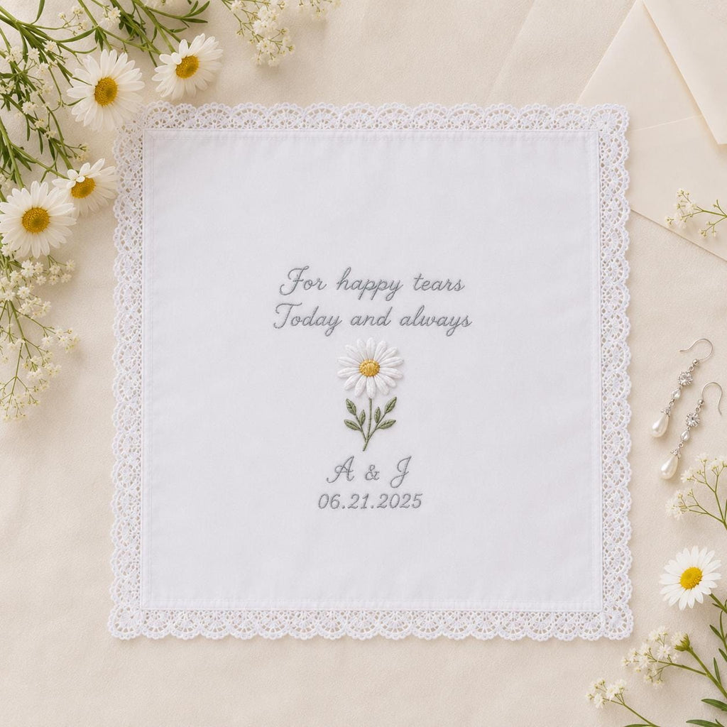 Custom Embroidered Wedding Handkerchief, Personalized Happy Tears Hanky, Bridal Bouquet Keepsake Gift For Bride Mom