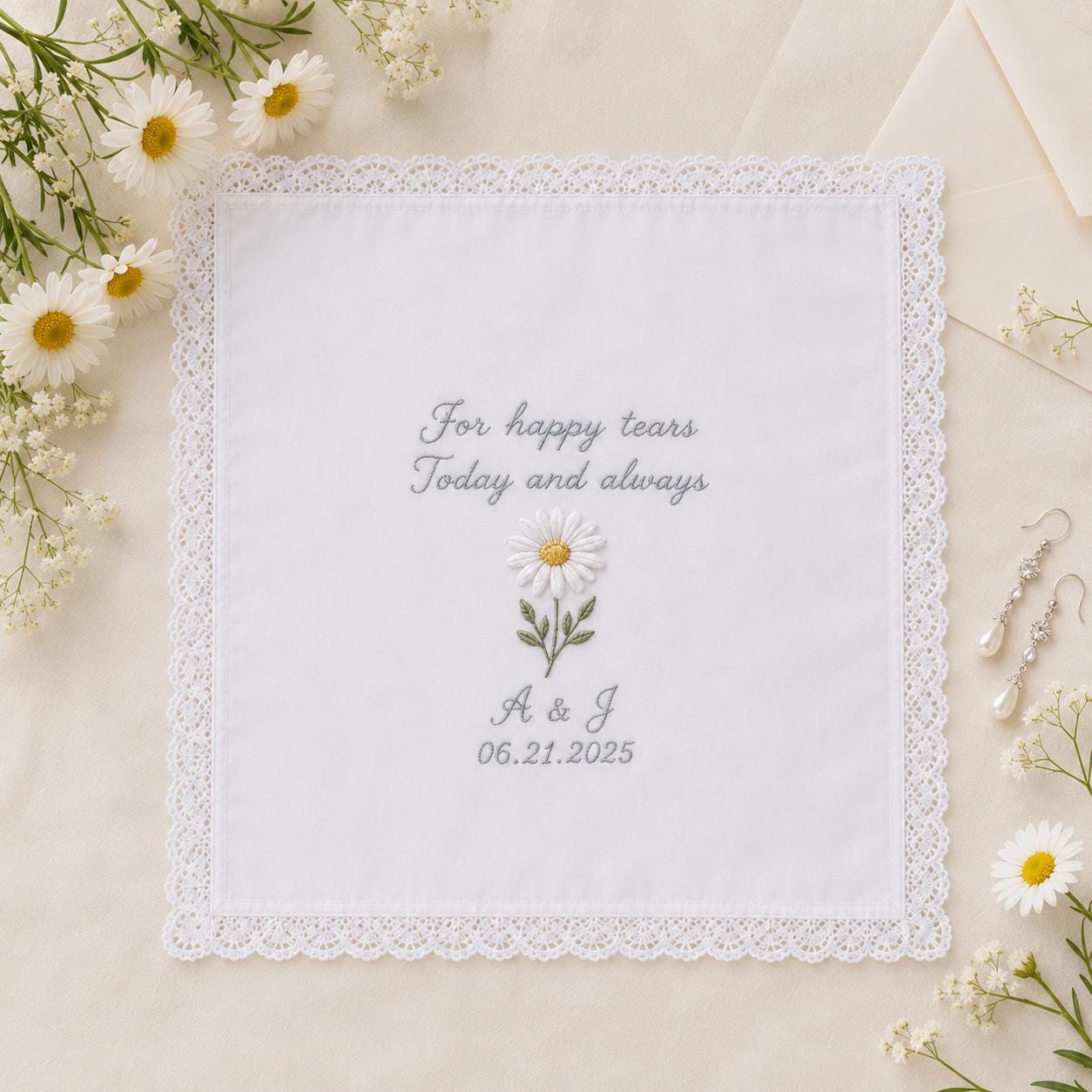 Custom Embroidered Wedding Handkerchief, Personalized Happy Tears Hanky, Bridal Bouquet Keepsake Gift For Bride Mom