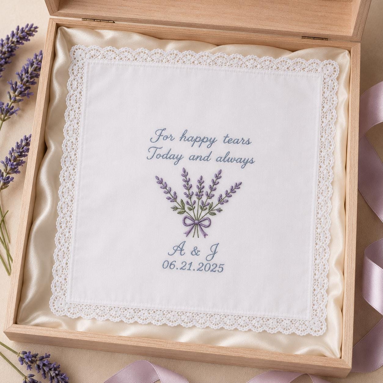 Custom Embroidered Wedding Handkerchief, Personalized Happy Tears Hanky, Bridal Bouquet Keepsake Gift For Bride Mom