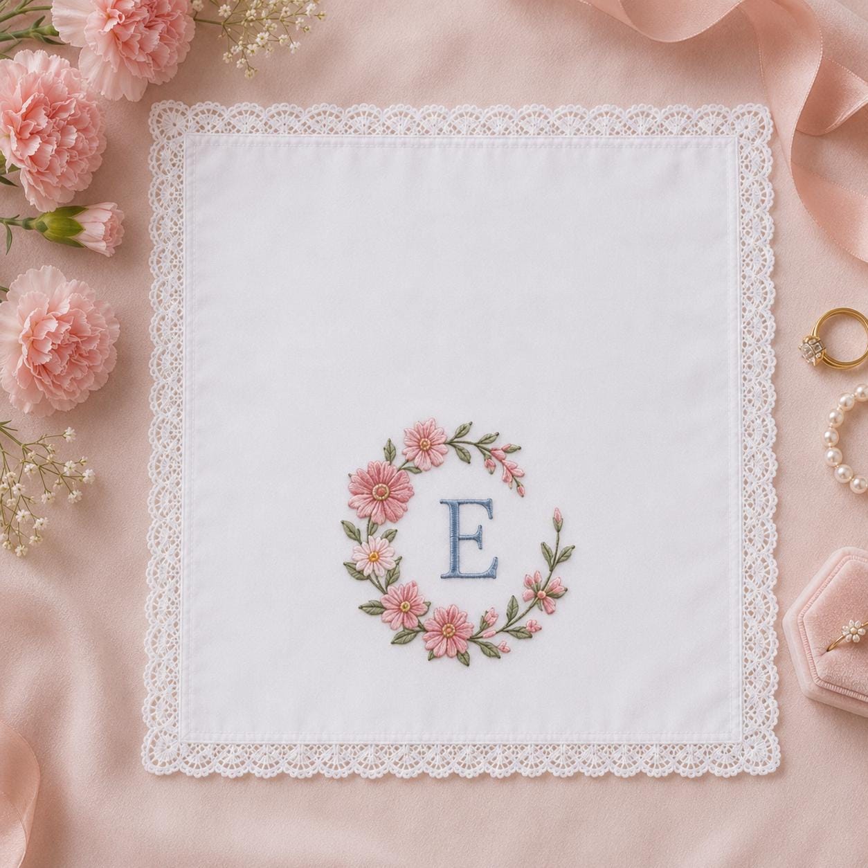 Custom Monogram Embroidered Handkerchief, Personalized Initial Floral Wedding Hanky, Bridal Happy Tears Keepsake Gift