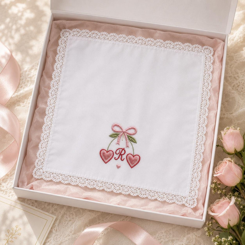 Custom Embroidered Handkerchief, Personalized Initial Heart Hanky, Romantic Floral Bow Wedding Keepsake Gift