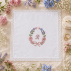 Custom Embroidered Handkerchief, Personalized Initial Heart Hanky, Romantic Floral Bow Wedding Keepsake Gift