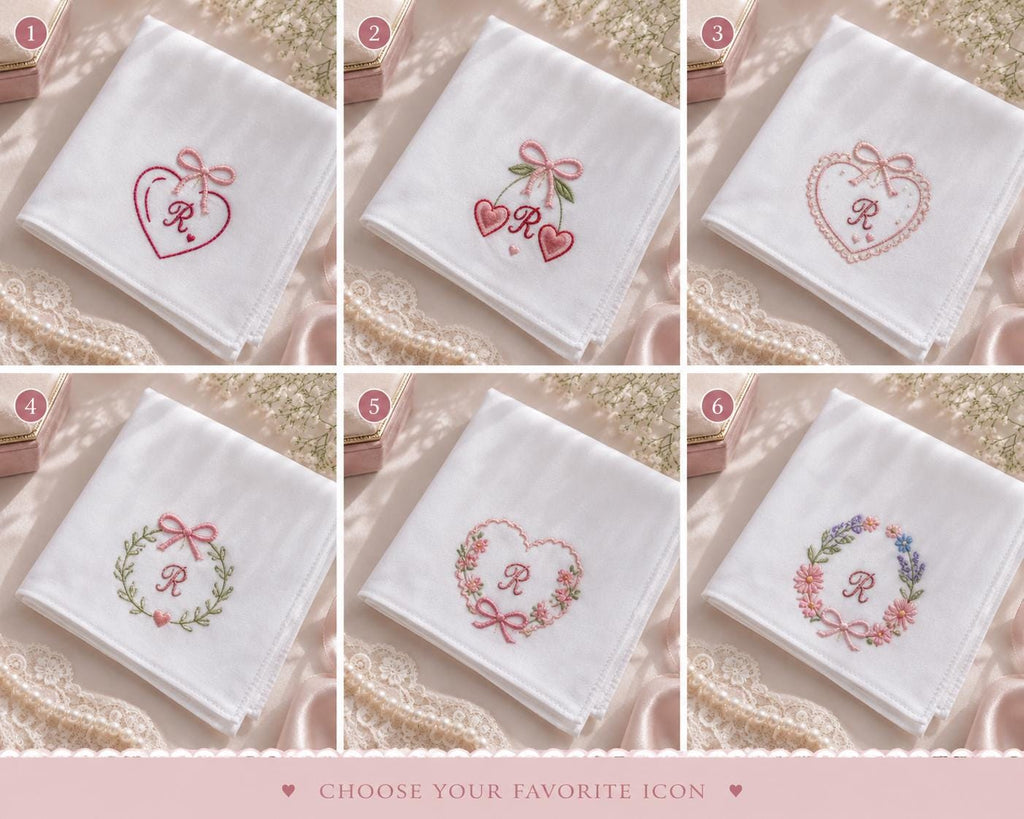 Custom Embroidered Handkerchief, Personalized Initial Heart Hanky, Romantic Floral Bow Wedding Keepsake Gift