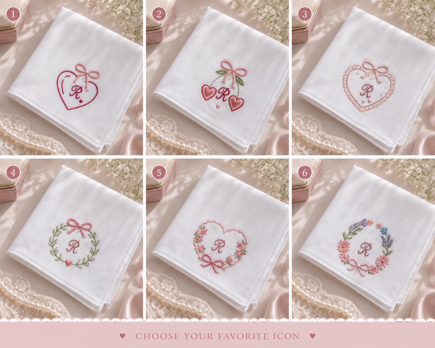 Custom Embroidered Handkerchief, Personalized Initial Heart Hanky, Romantic Floral Bow Wedding Keepsake Gift