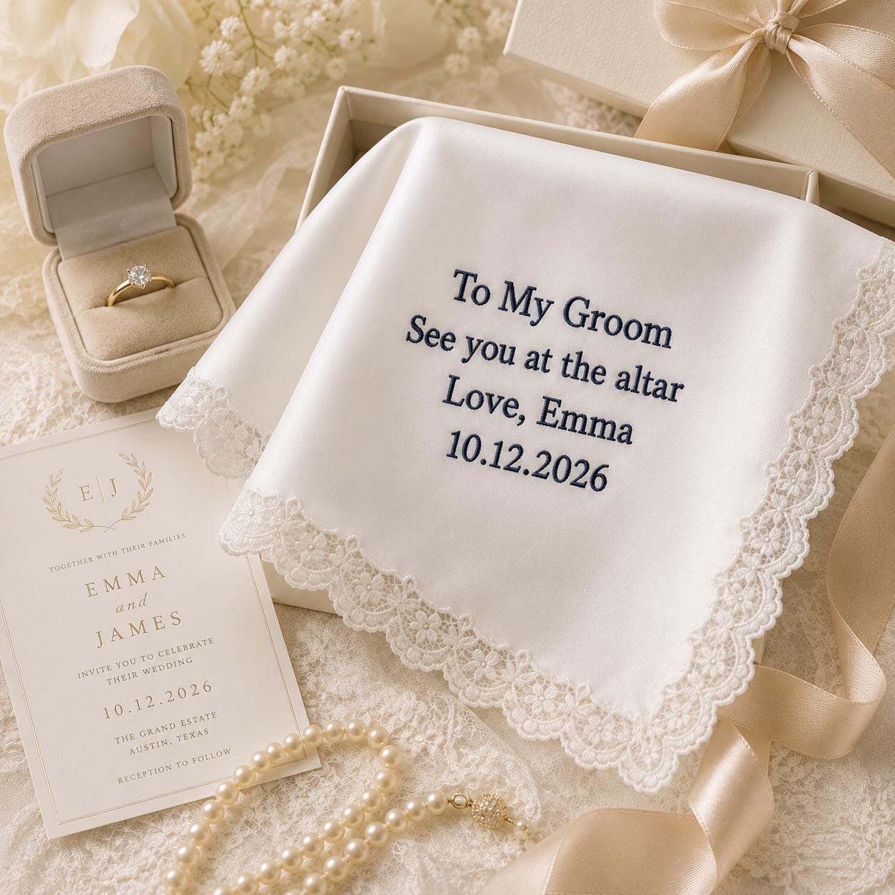 Personalized Groom Handkerchief, Custom Embroidered Wedding Handkerchief, Gift From Bride To Groom