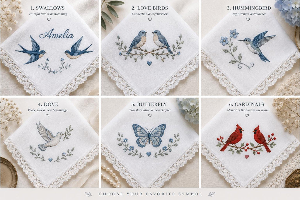 Custom Embroidered Handkerchief, Personalized Bird Symbol Wedding Hanky, Memorial Cardinal Happy Tears Gift