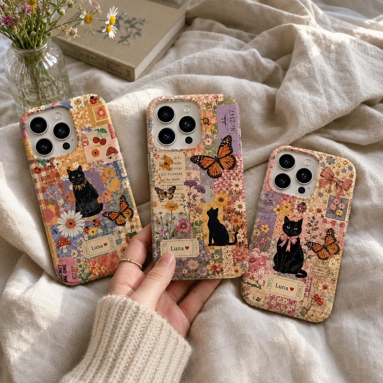 Custom Black Cat Phone Case, Personalized Cottagecore Cat Case, Vintage Floral Collage iPhone Cover, Cat Lover Gift