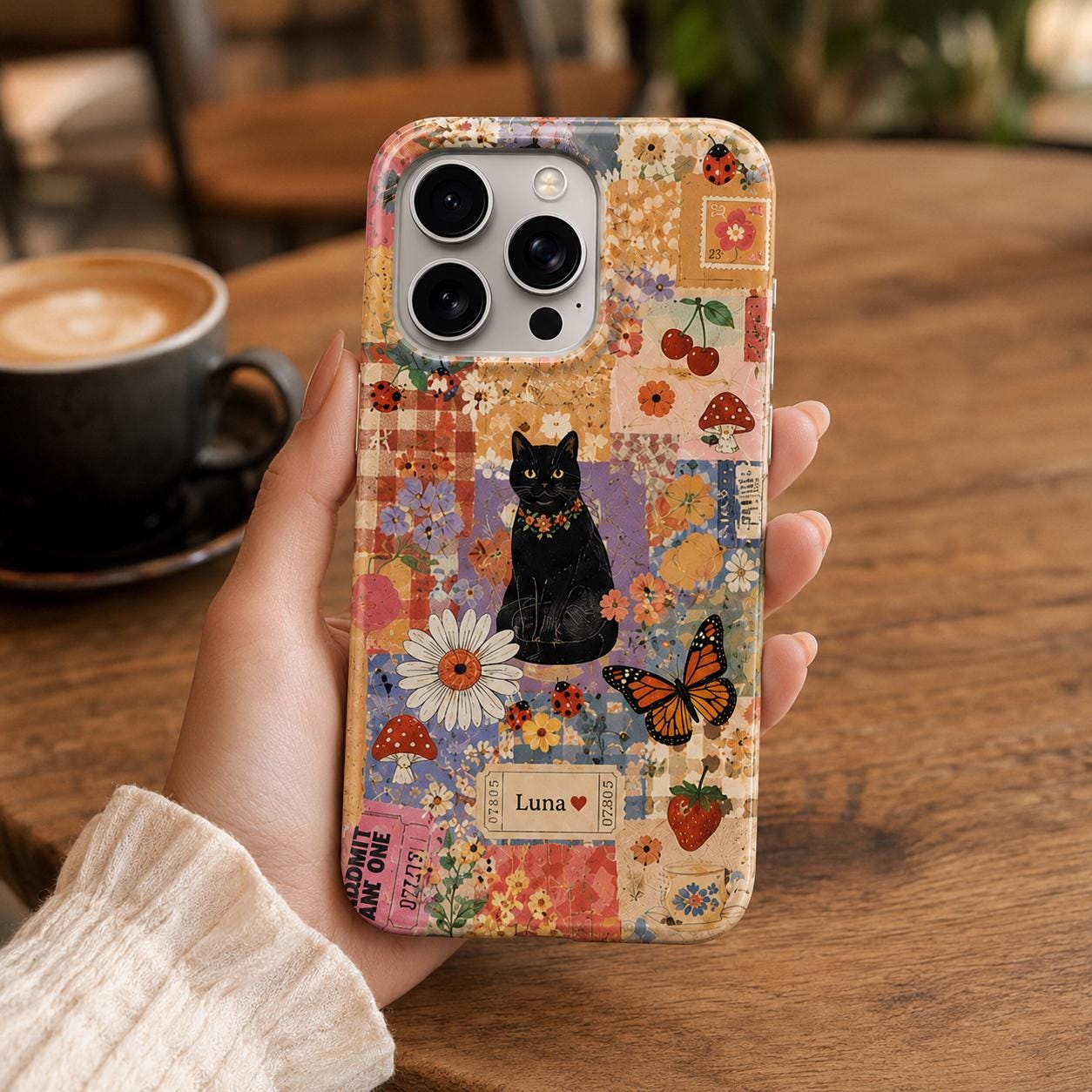 Custom Black Cat Phone Case, Personalized Cottagecore Cat Case, Vintage Floral Collage iPhone Cover, Cat Lover Gift