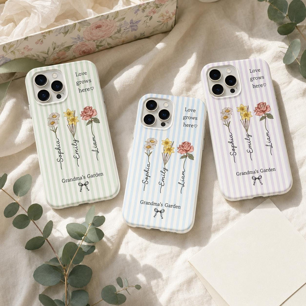 Custom Birth Flower Phone Case, Grandma’s Garden Personalized Name Case, Family Flower iPhone Cover, Gift for Mom Grandma